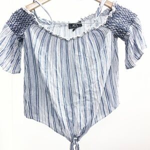 BCX Navy and White Striped Blouse with tie waist and off the shoulder